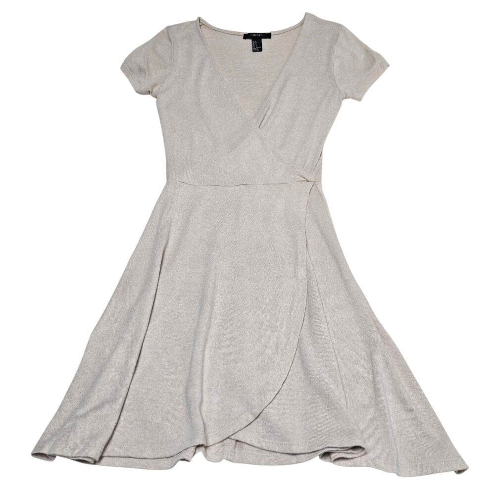 Forever 21 Shortsleeve Knit Overlapping Front Dress Size Small Beige